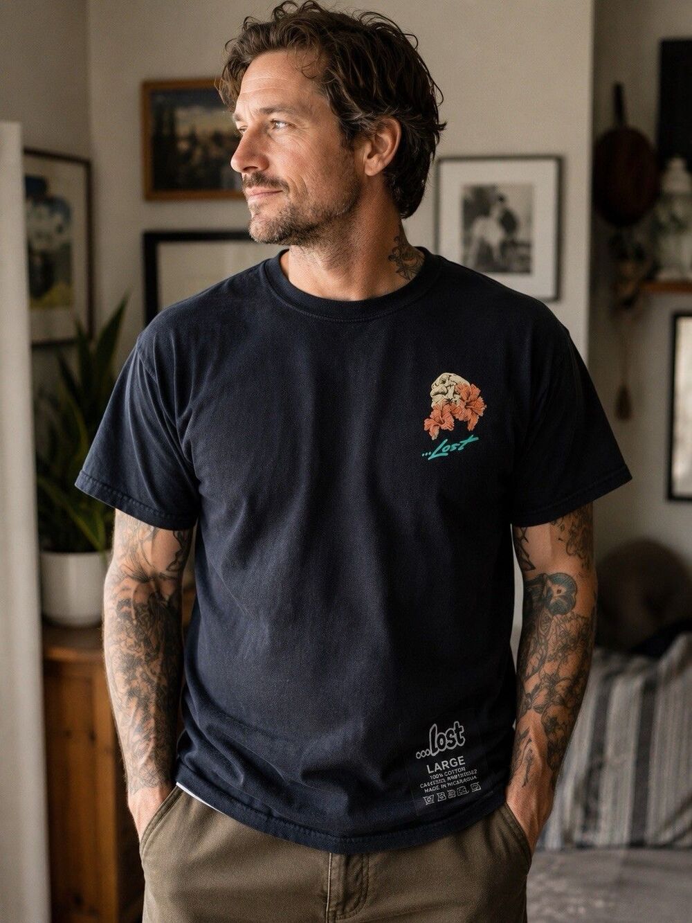 Lost Large Hula Skeleton Paradise Graphic T-Shirt Black 100% Cotton Hawaii Tee